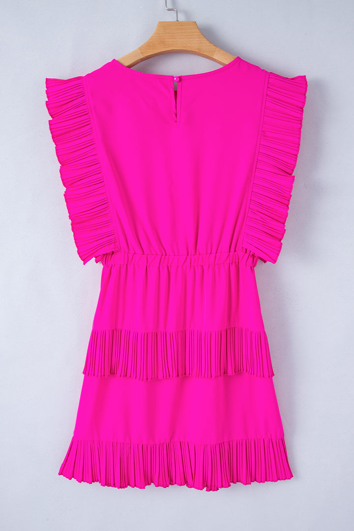 Bright Pink Solid Color Pleated Layered Flutter Mini Dress