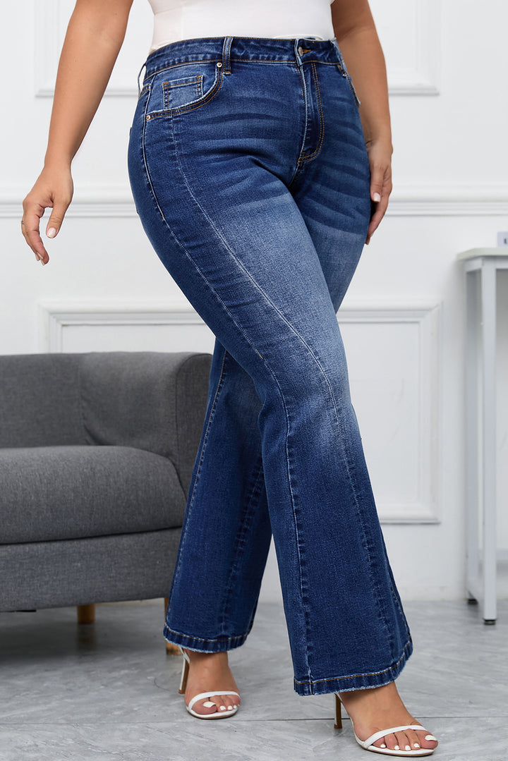 Dark Blue Plus Size Stitching Washed Flare Jeans