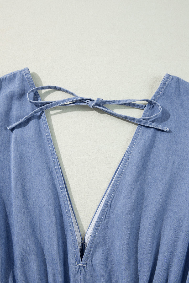 Myosotis Chambray Deep V Neck Bracelet Sleeve Maxi Dress