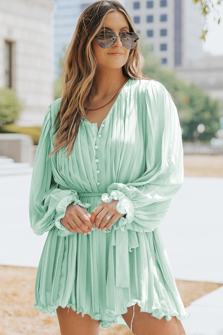 Green Pleated Ruffled Tie Waist Buttons V Neck Romper