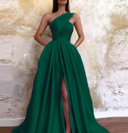 Sexy Slit Slanted Shoulder Dress Long Skirt Evening Dress