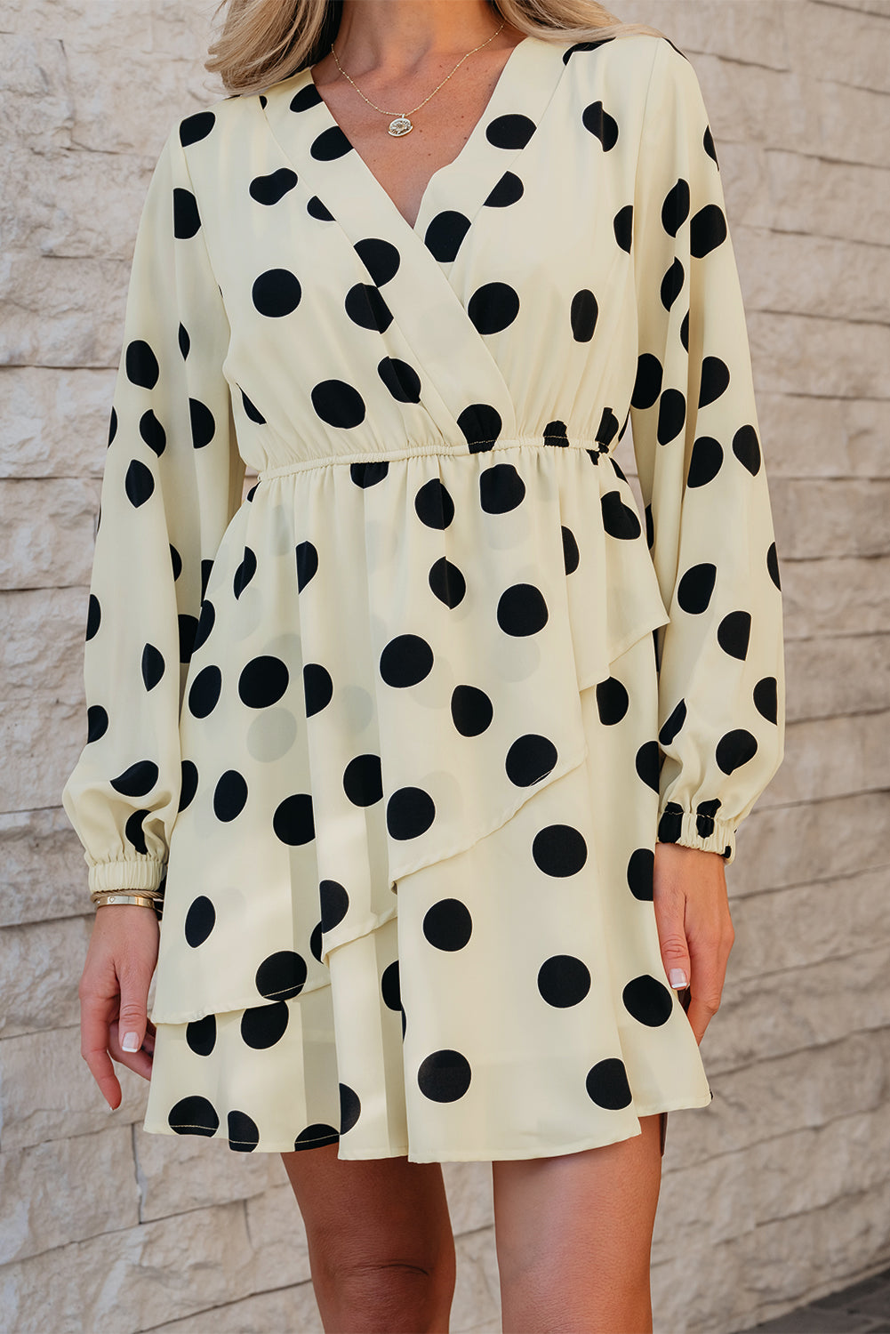 Beige Polka Dot Printed Surplice V Neck Puff Sleeve Mini Dress