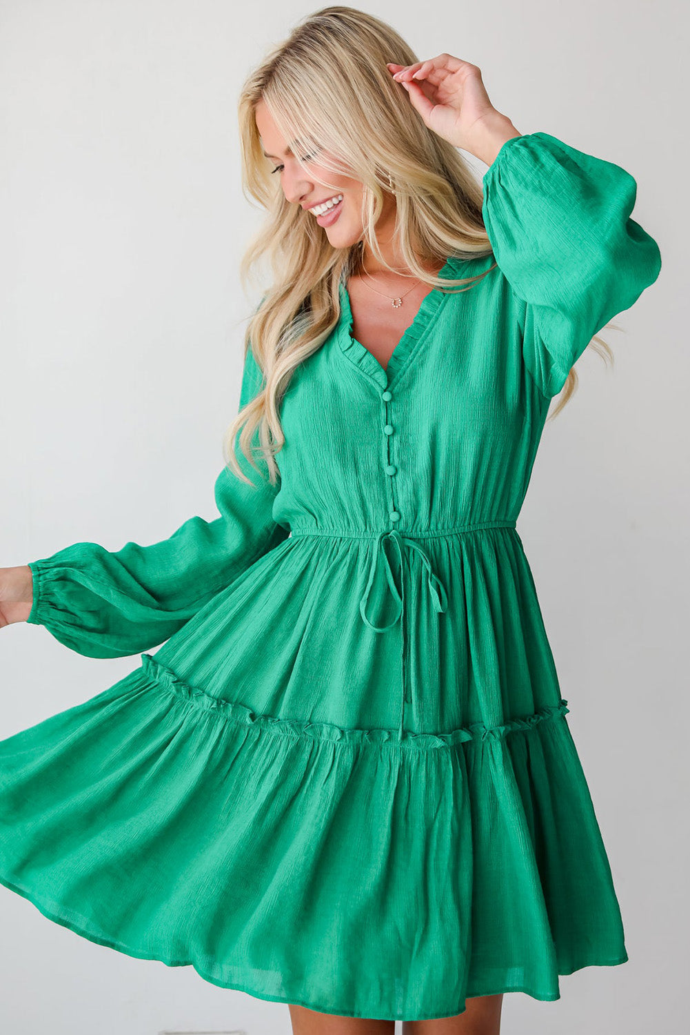 Sea Green Frilly V Neck Puff Sleeve Drawstring Shift Mini Dress