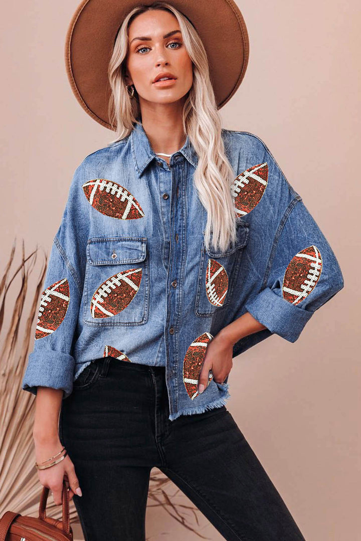 Sky Blue Sequin Rugby Football Graphic Flap Pockets Raw Hem Game Day Denim Jacket