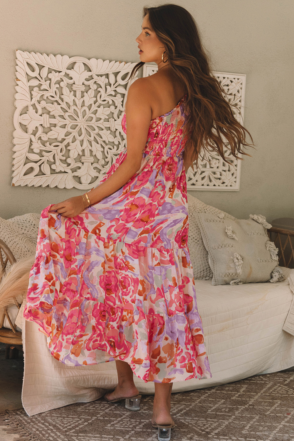 Pink Abstract Floral Print Shirred One Shoulder Maxi Dress