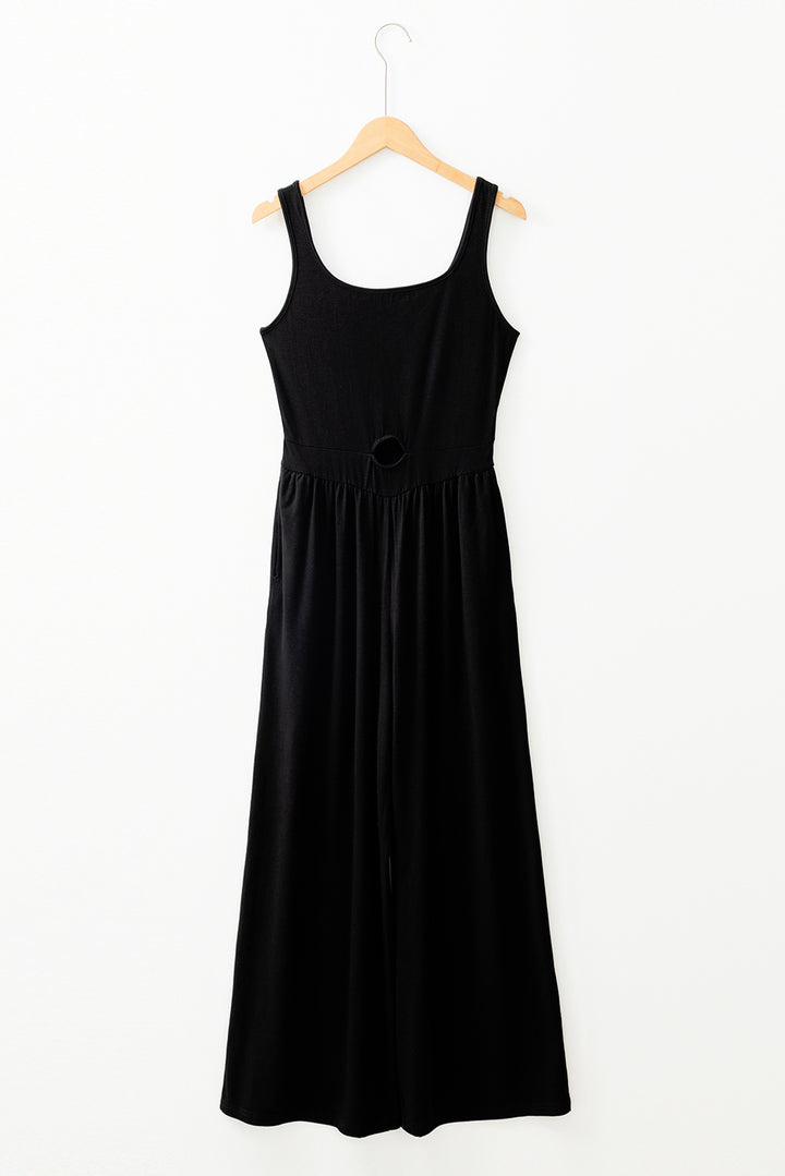 Black Peekaboo Wide Leg Square Neck Sleeveless Jumpsuit