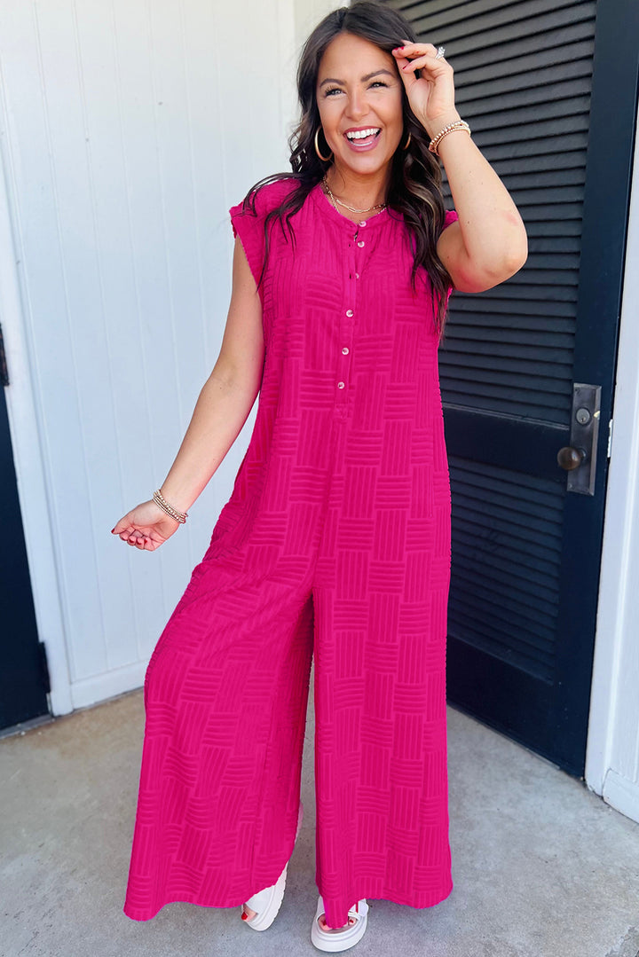 Bright Pink Terry Textured Sleeveless Button Front Wide Leg Jumpsuit