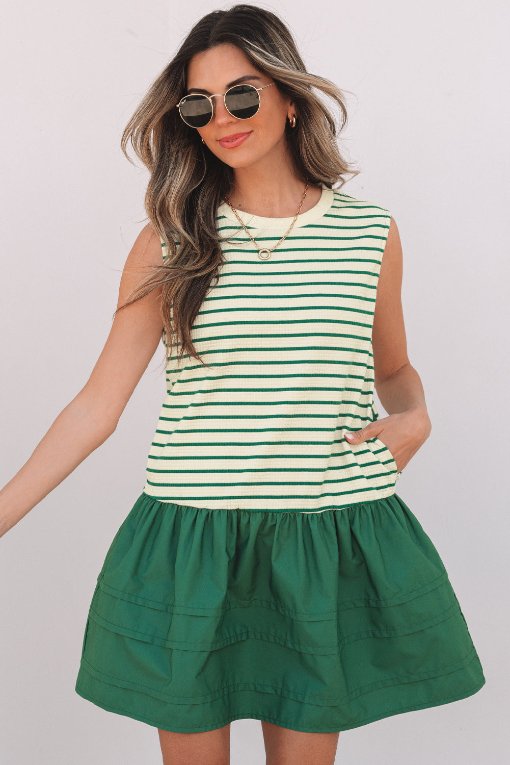 Green Stripe Woven Ruffled Sleeveless Mini Dress