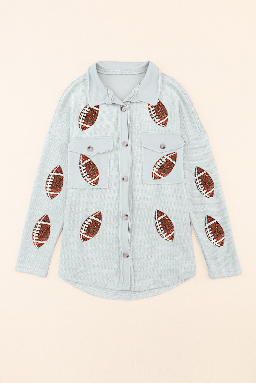 Gray Sequined Rugby Flap Pockets Buttoned Shacket