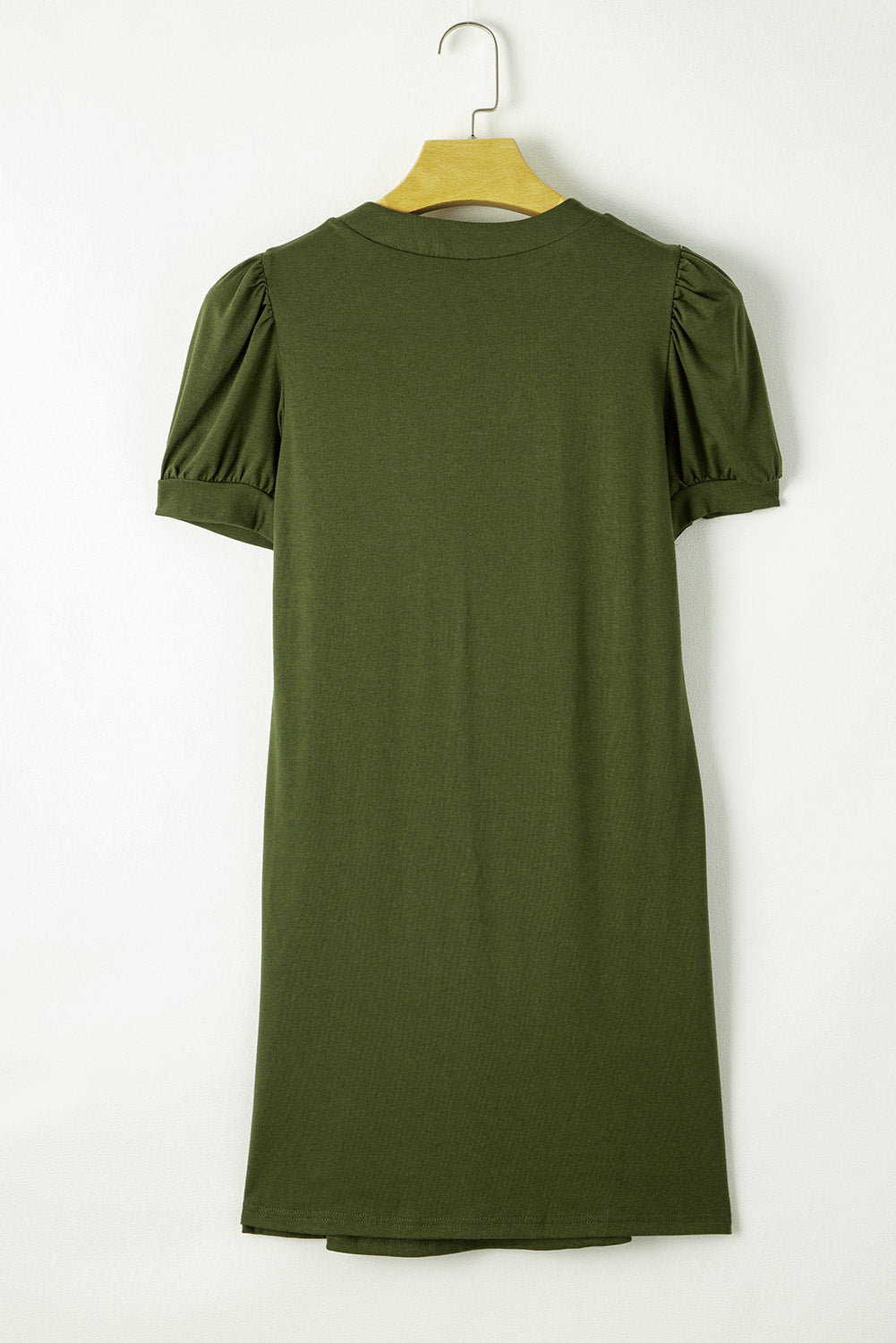 Fern Green Notched Neck Pleated Puff Sleeve Shift T-shirt Dress