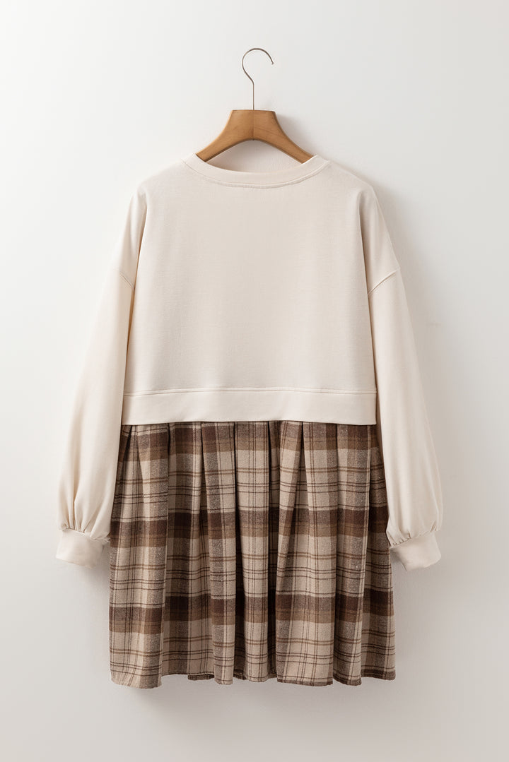 Beige Plaid Patchwork High Waist Sweatshirt Mini Dress