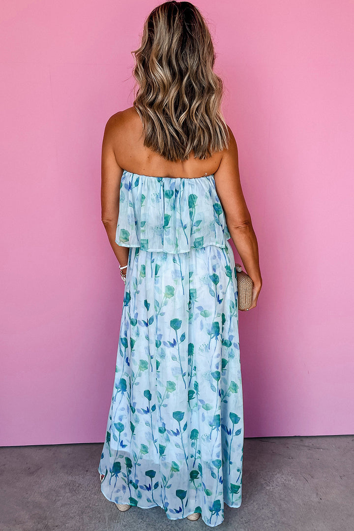 Green Floral Print Ruffled Side Slit Tube Top Maxi Dress