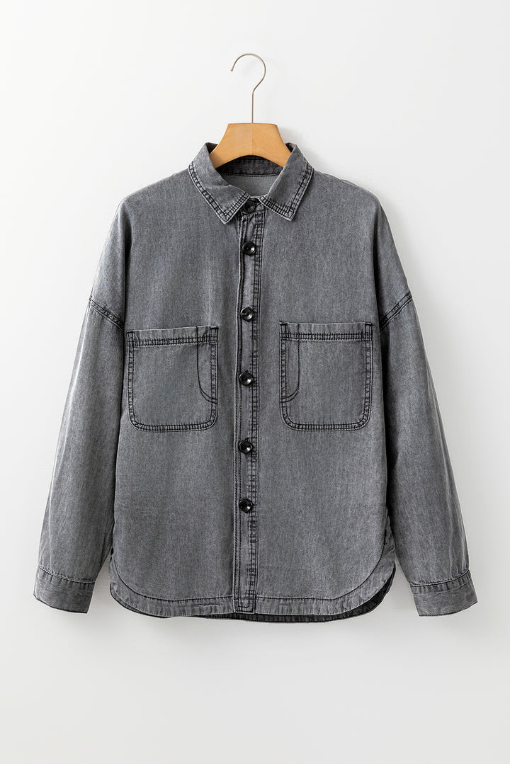 Medium Grey Mineral Wash Patched Pocket Split Denim Jacket