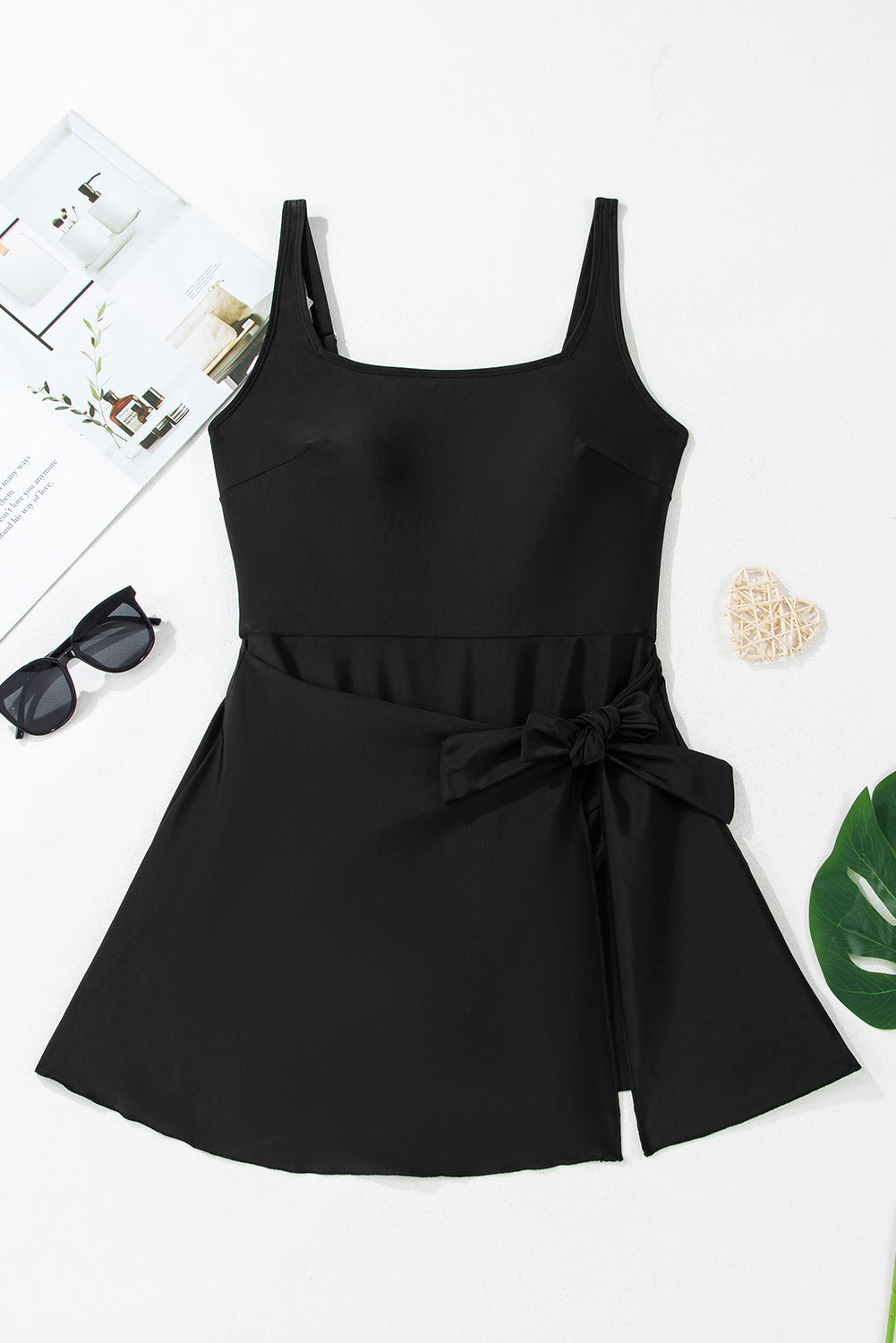 Black Side Tied Waist Square Neck Adjustable Straps A-line One Piece Swim Dress