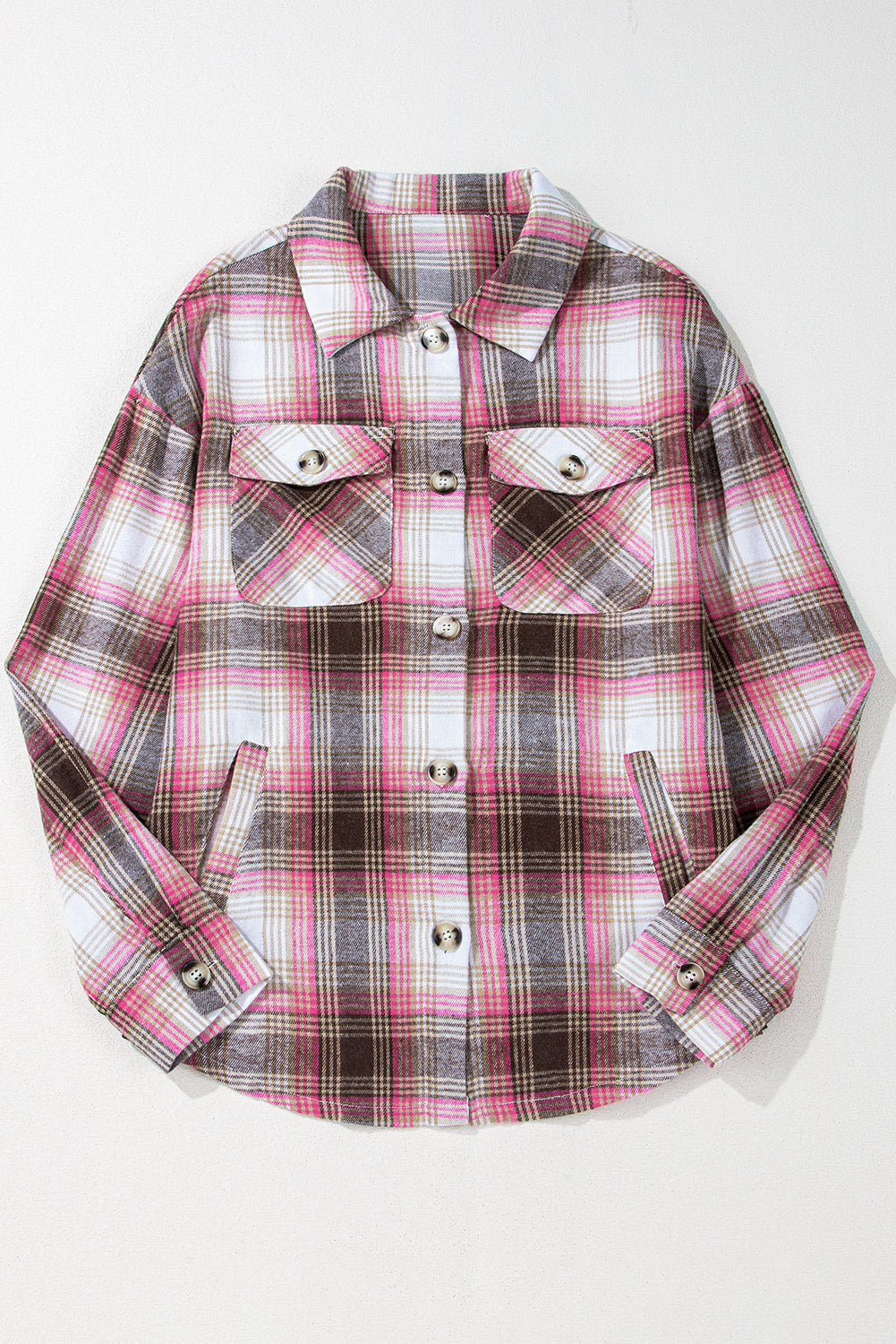 Pink Plaid Flap Pocket Button Up Shacket