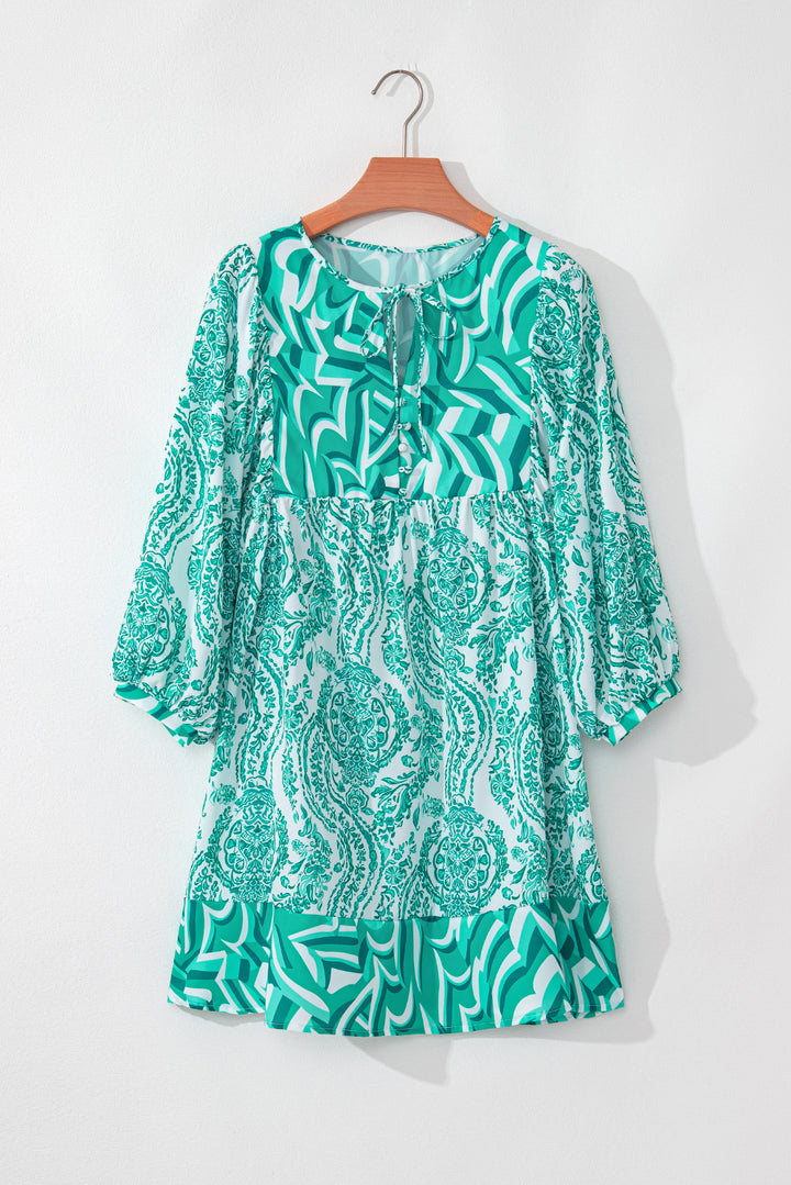 Green Bohemian Print Puff Sleeve Tied V Neck Flared Mini Dress