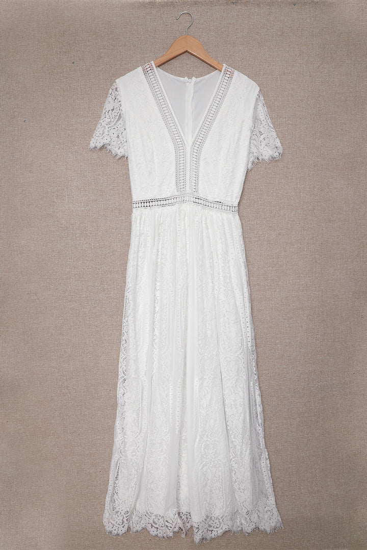 White V Neck High Waist Lace Maxi Dress