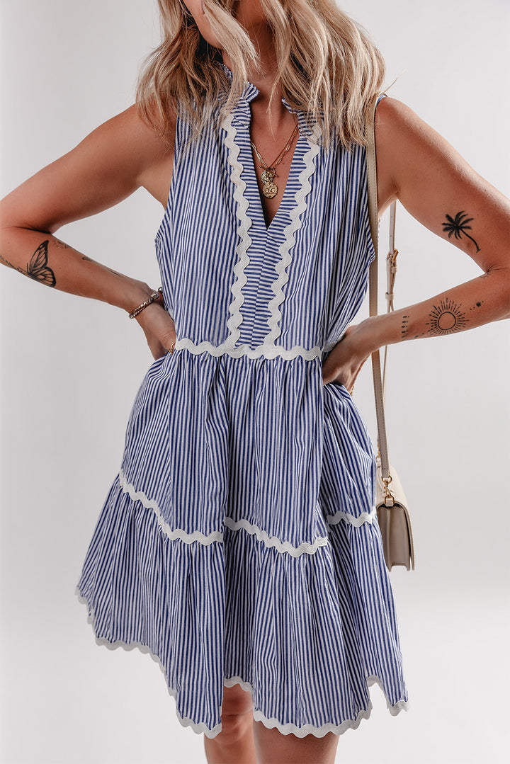 Blue Stripe Sleeveless Notched V Neck Contrast Ric Rac Mini Dress