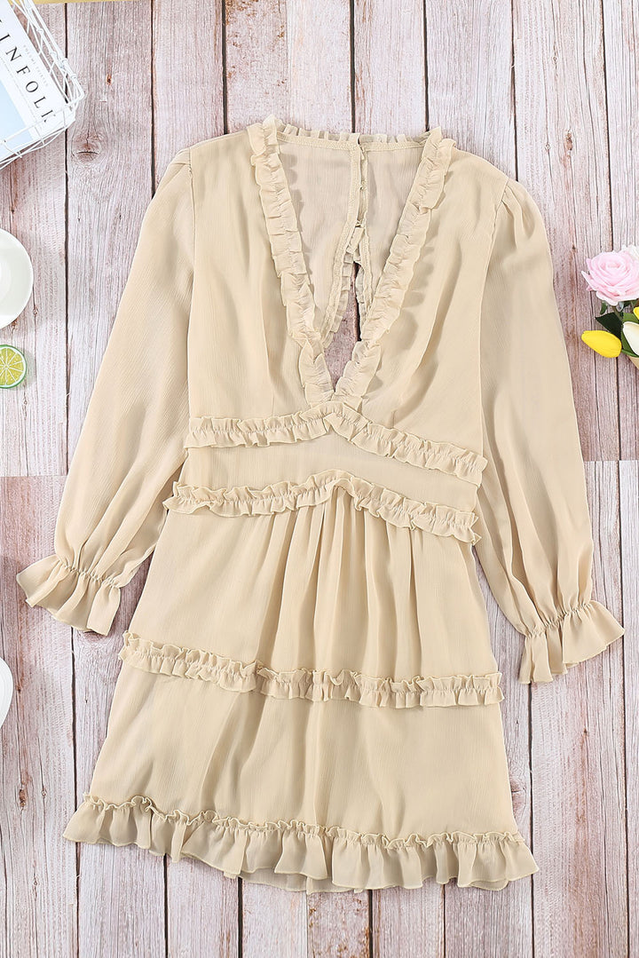 Beige V Neck Ruffle Detailing Open Back Dress