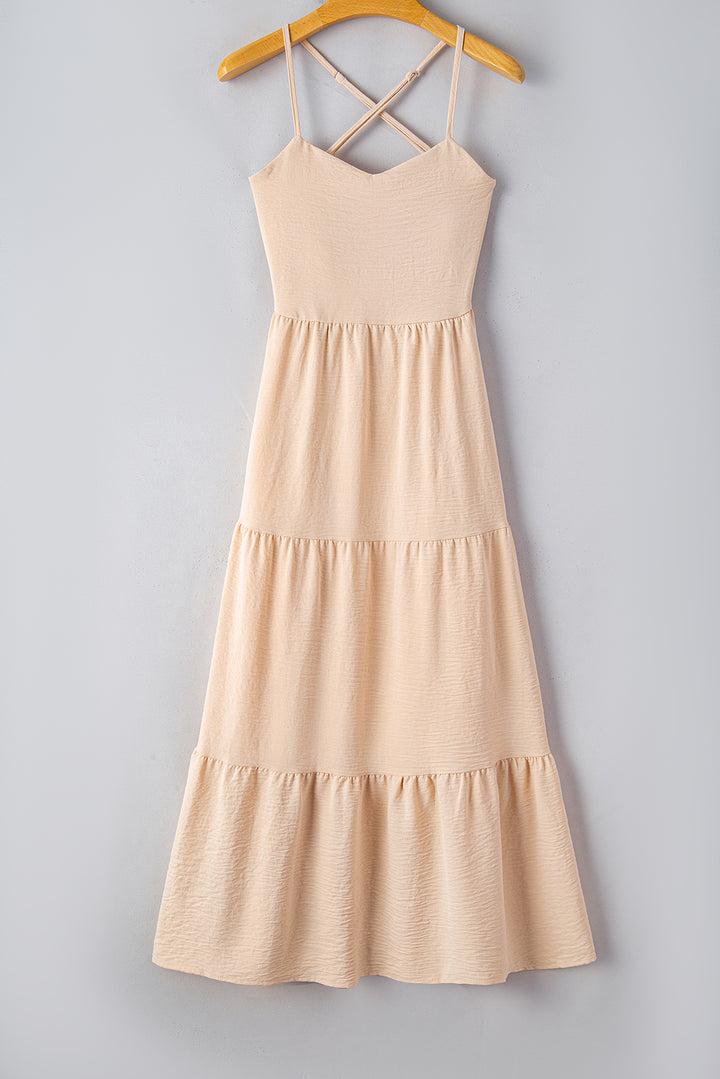 Oatmeal Crossover Backless Bodice Tiered Maxi Dress