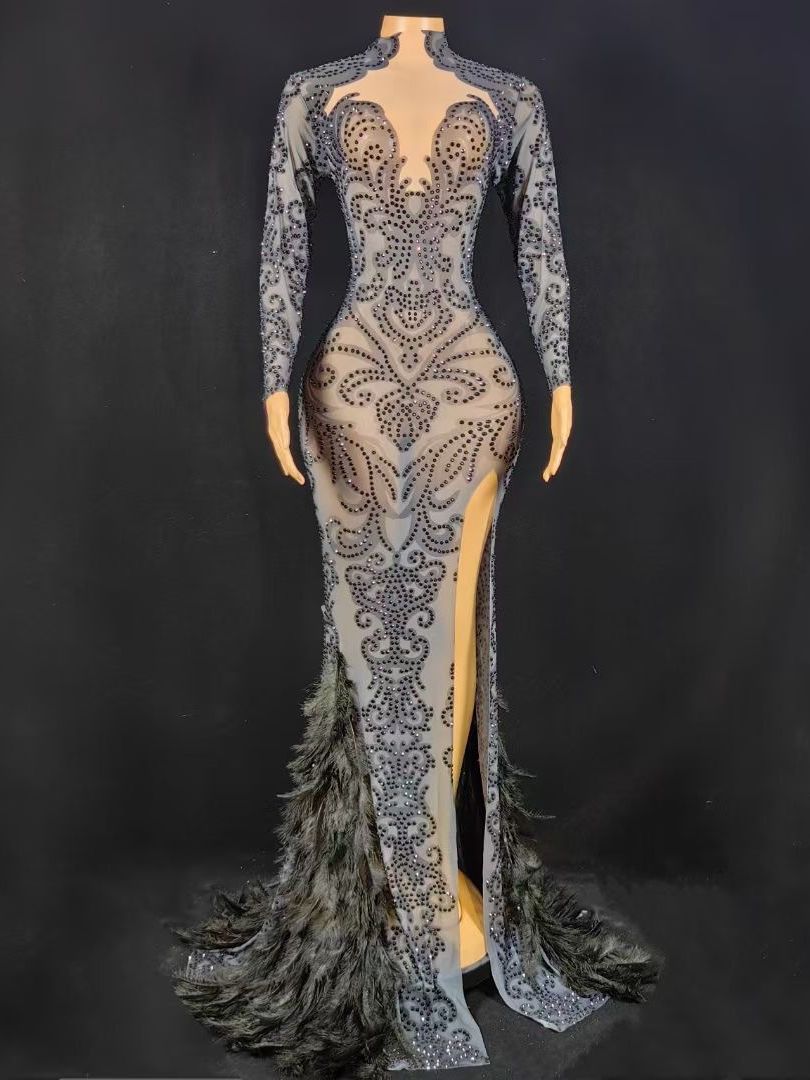 New Women's Beaded Tight Feather Long Jumpsuit Dress