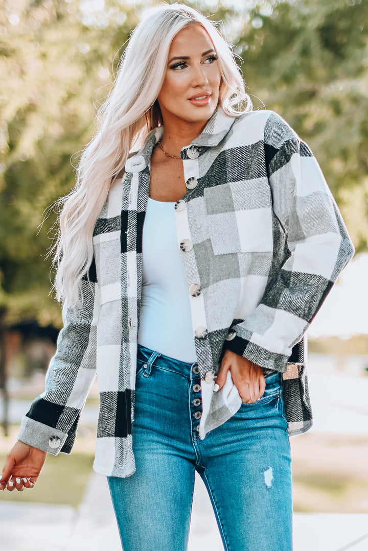 Gray Plaid Color Block Buttoned Long Sleeve Jacket with Pocket