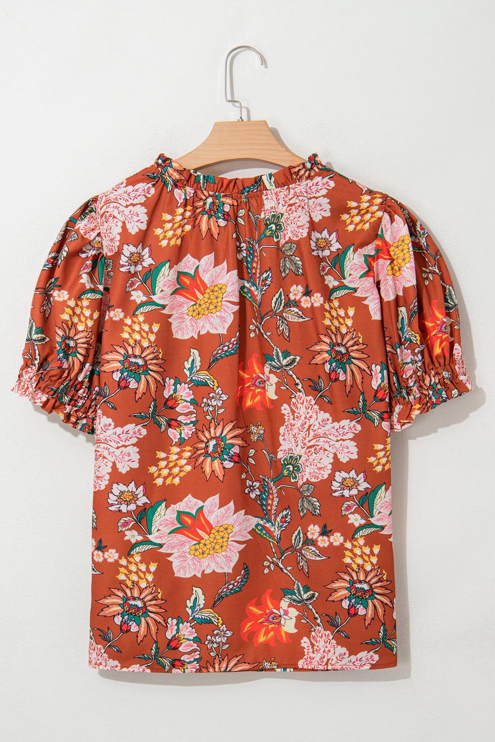 Brown Floral Stitched V Neck Frilled Trim Puff Short Sleeve Blouse