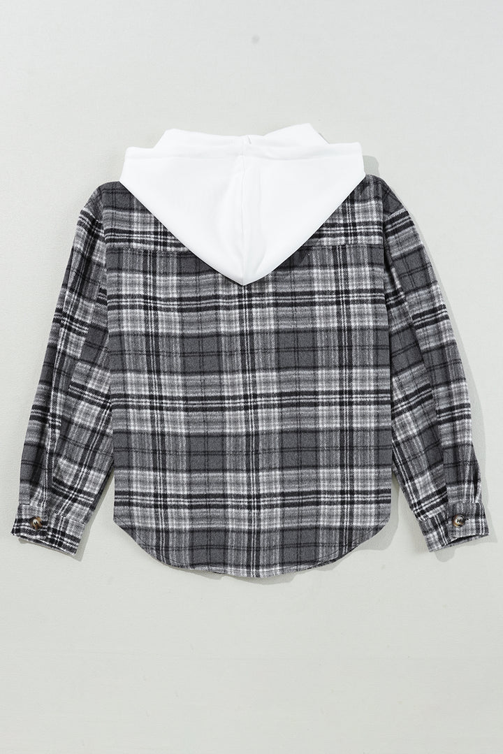 Black Plaid Print Flap Pockets Contrast Hooded Loose Shacket