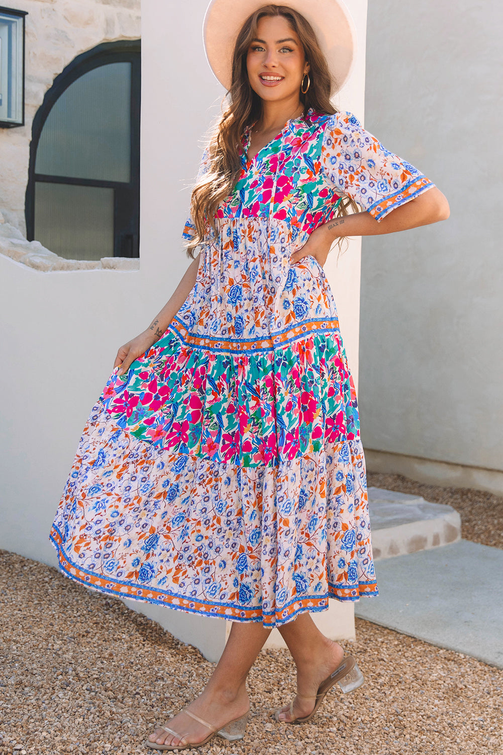 Sky Blue Mixed Floral Print Tie Split Neck Short Sleeve Dress