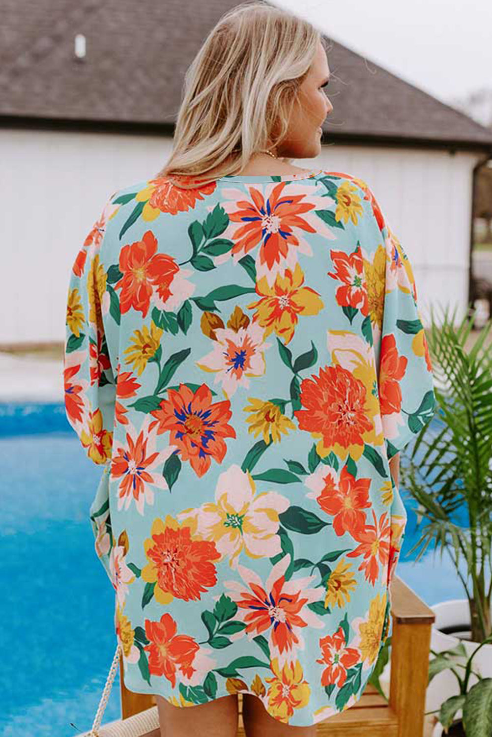 Sky Blue Plus Size Floral Print V Neck Batwing Sleeve Blouse