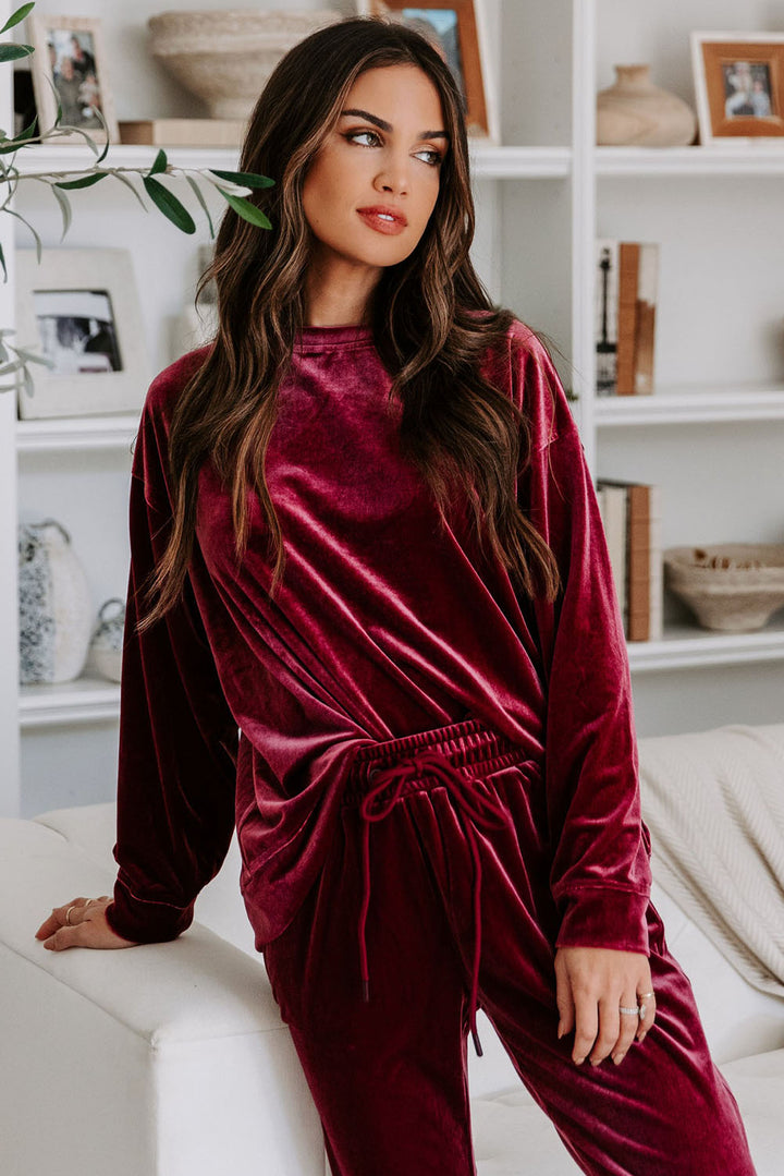 Fiery Red Solid Velvet Two Piece Lounge Set