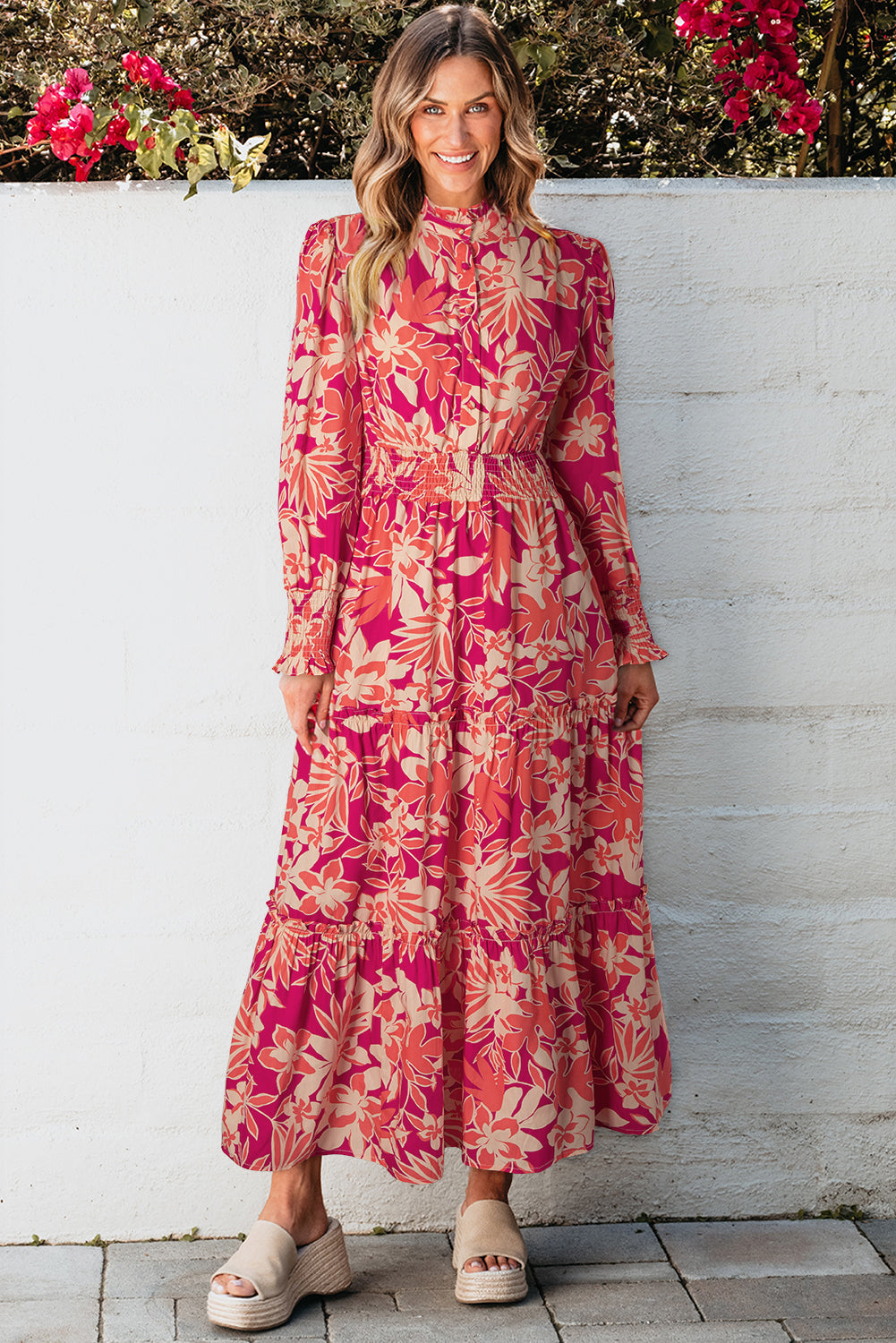 Rose Floral Print Buttoned Smocked High Waist Maxi Dress