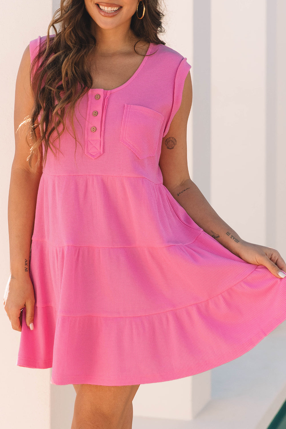 Bright Pink Waffle Textured Button Round Neck A-line Tiered Sleeveless Dress