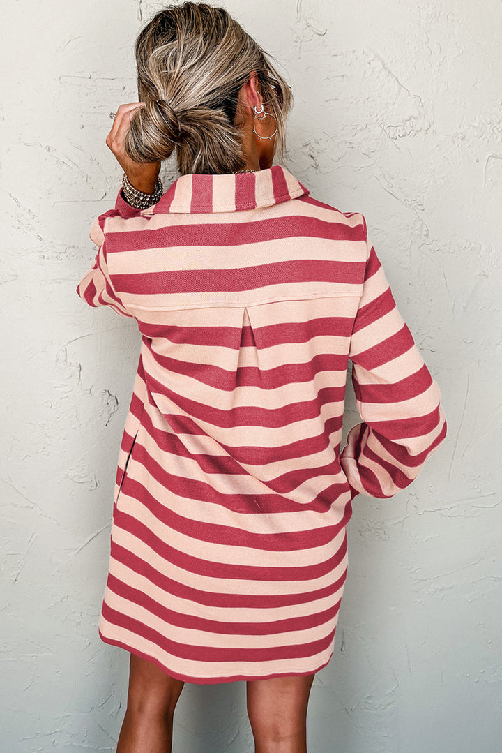 Pink Stripe Collared V Neck Long Sleeve Loose Casual Dress