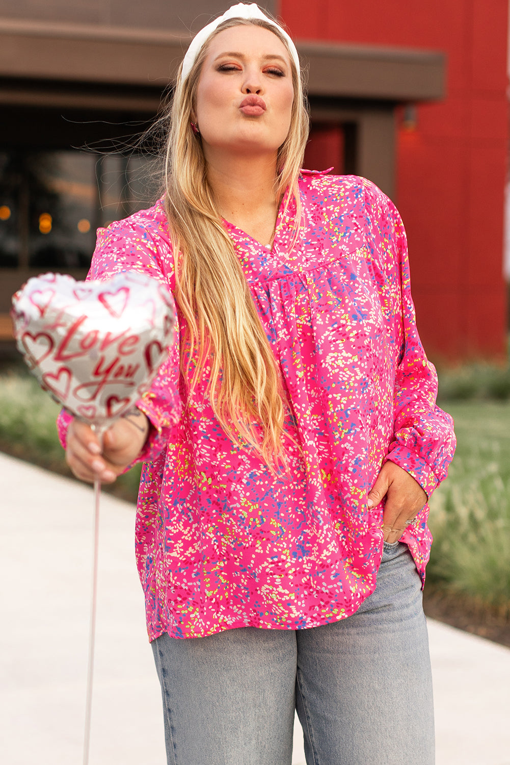 Purple Plus Size Floral Print Puff Sleeve V Neck Blouse