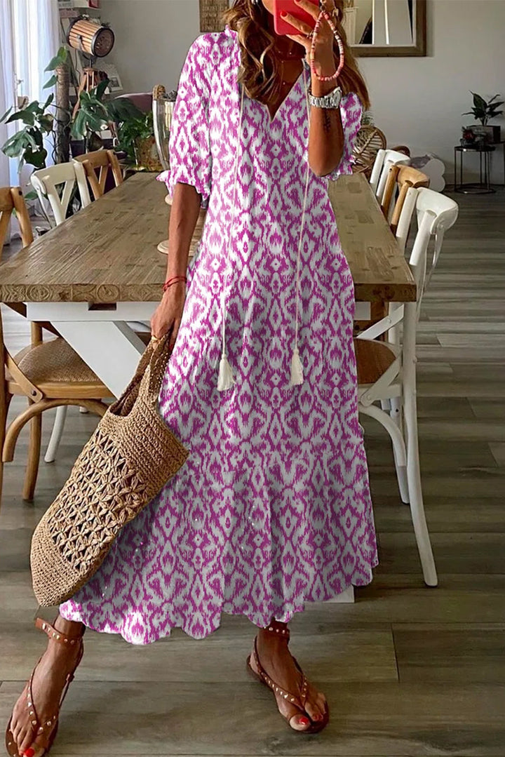 Rosa, lässiges Maxikleid mit V-Ausschnitt und geometrischem Print