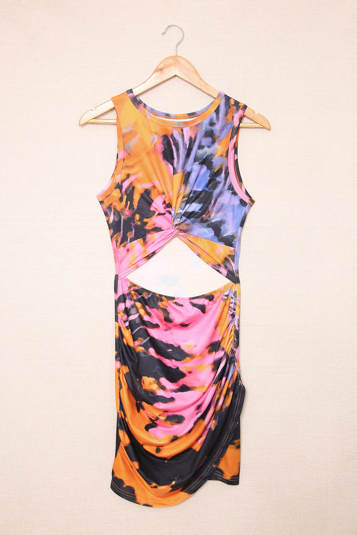 Multicolor Tie-dye Print Hollow Out Twist Bodycon Mini Dress