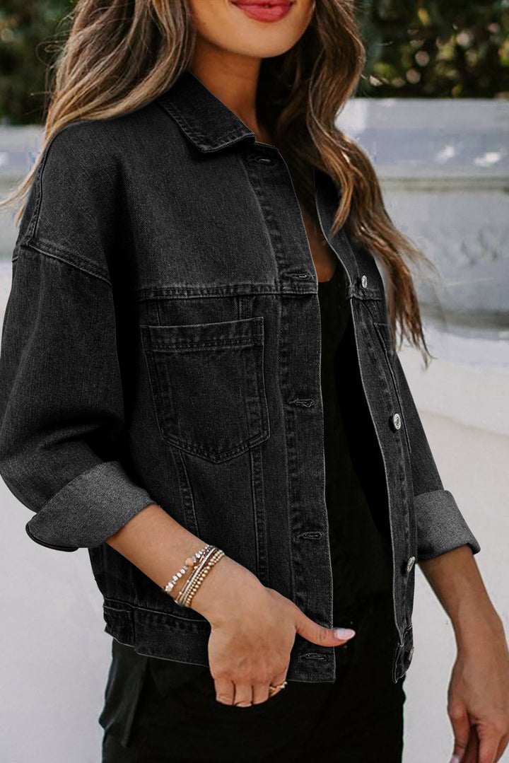 Black Washed Oversize Pocketed Denim Jacket