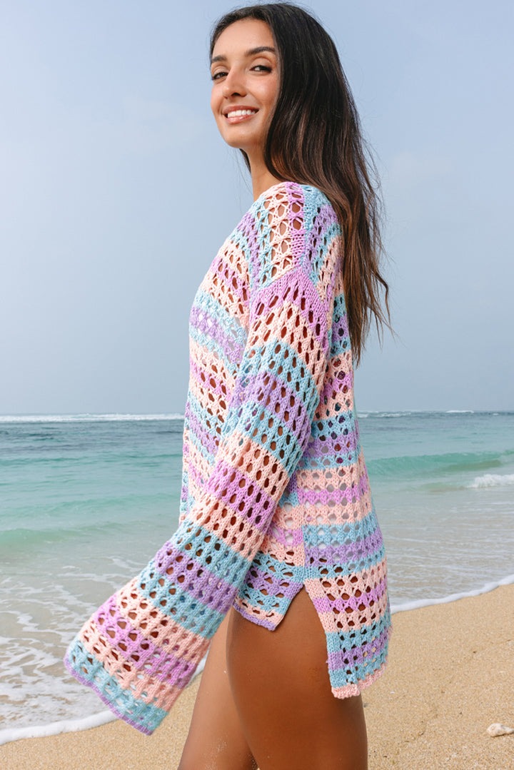 Purple Multi Stripe Open Knit Sweater Beach Cover Up