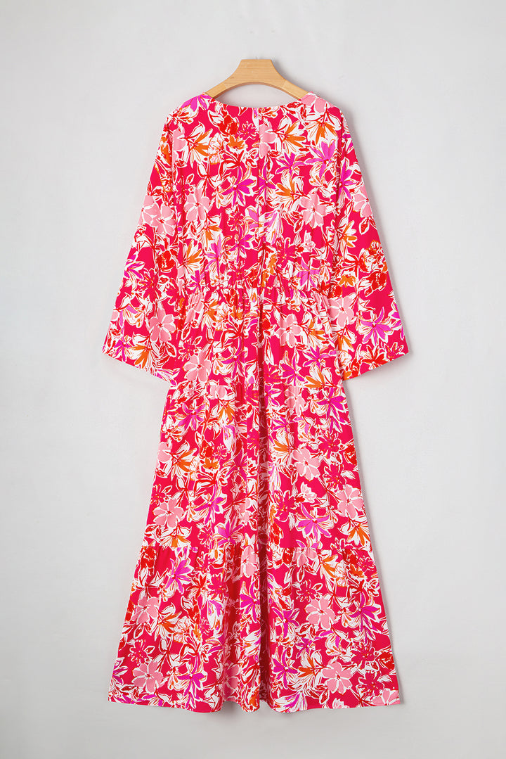 Rose Plus Size Floral V Neck Wide Sleeve Maxi Dress