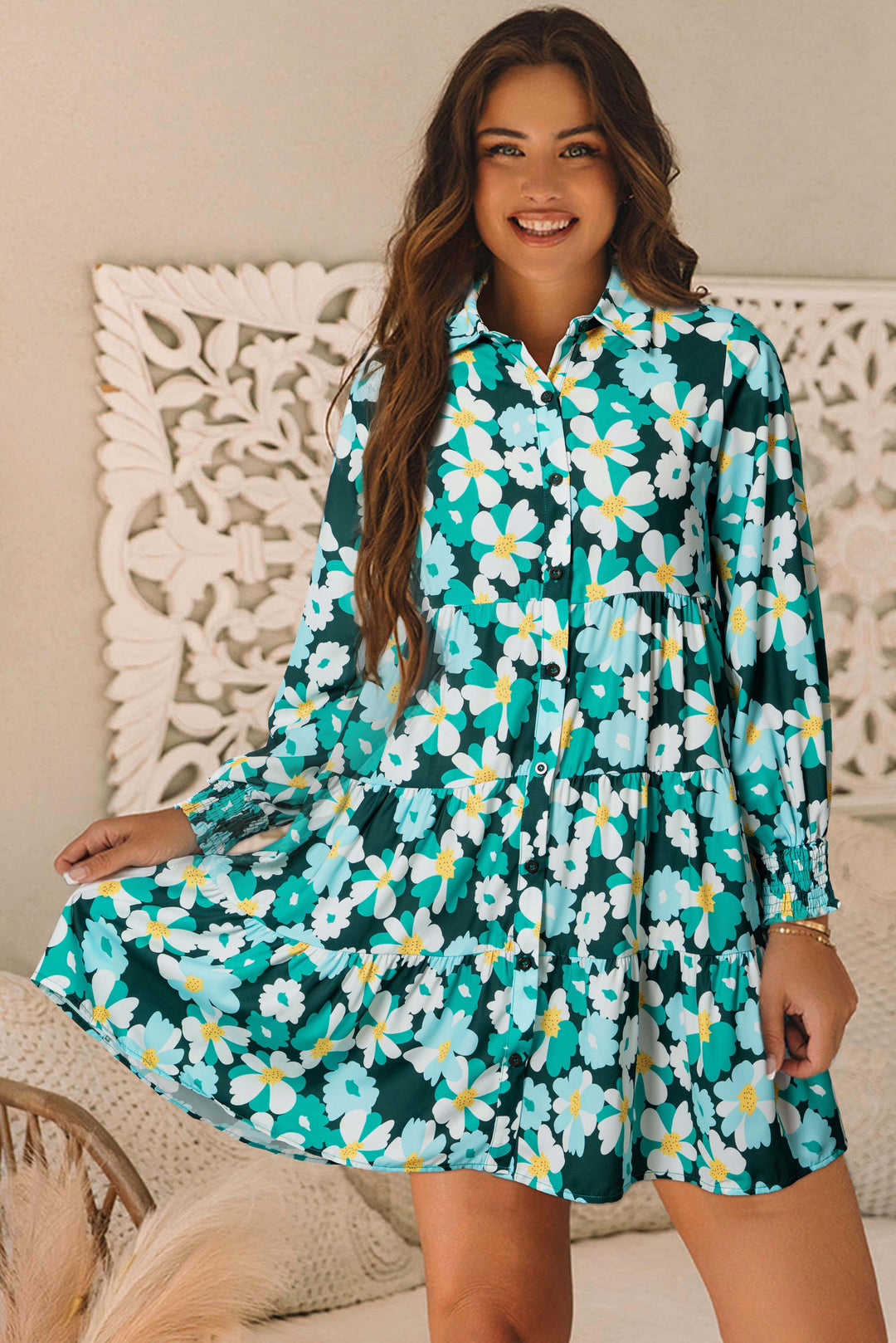 Green Floral Tiered Long Puff Sleeve Shirt Dress