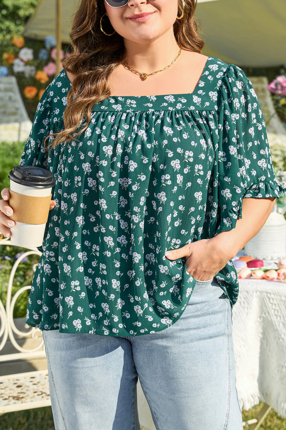 Green Floral Print Square Neck Ruffled Trim Plus Size Blouse