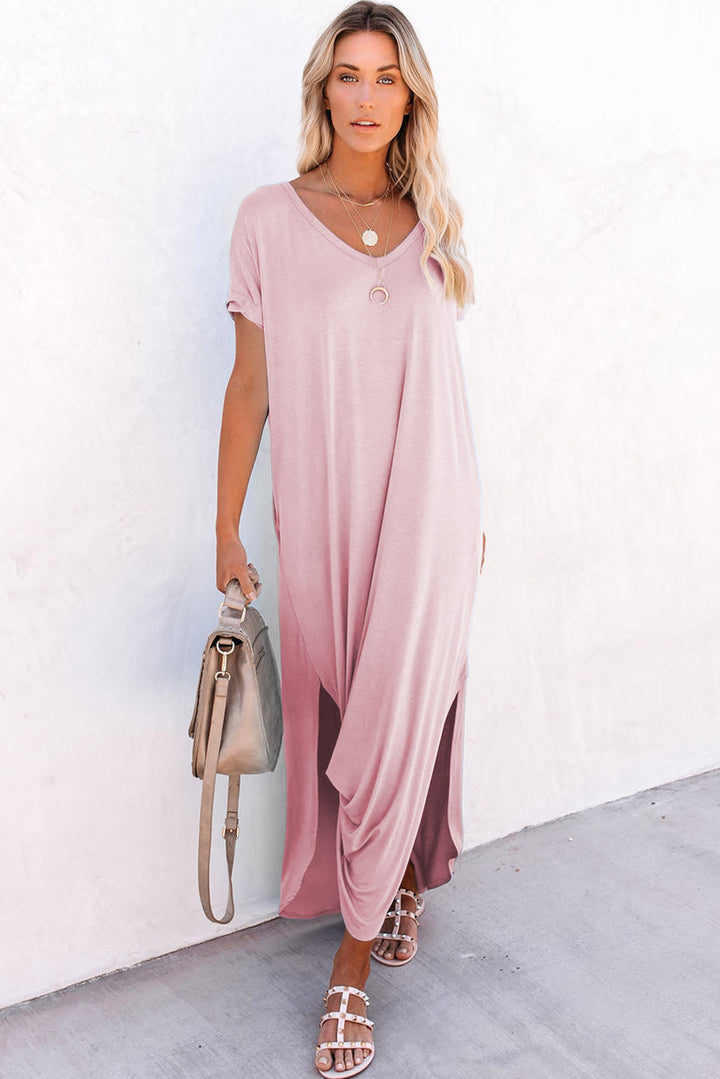 Pink V Neck Hidden Pocket Splits Maxi T-shirt Dress