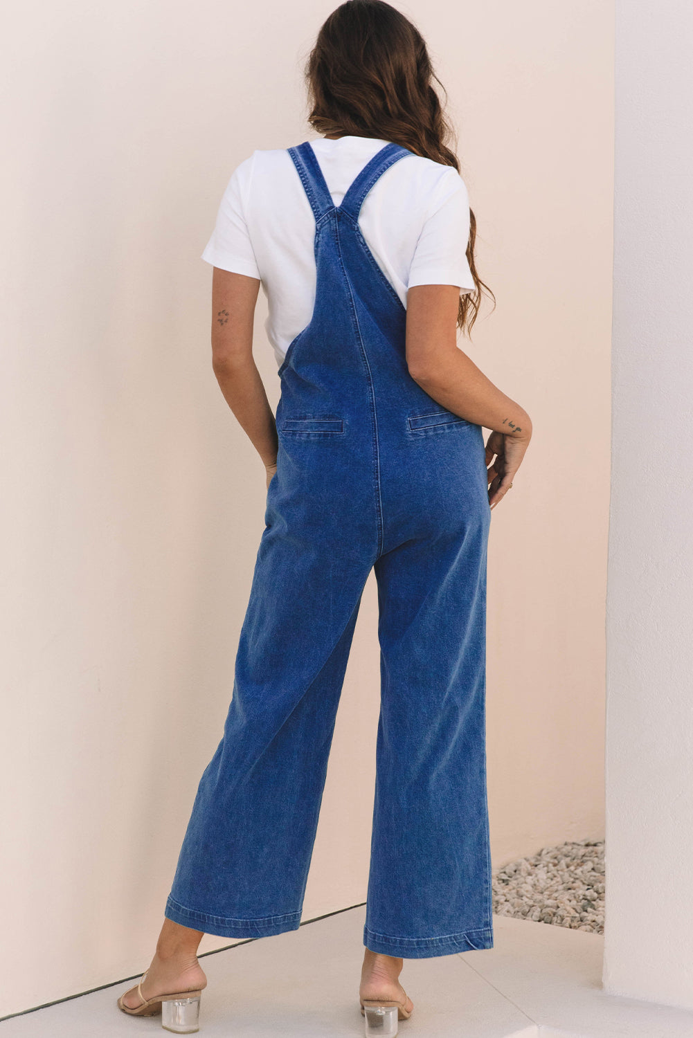 Prussian Blue Mineral Wash Knotted Strap Patched Pocket Wide Leg Denim Overalls