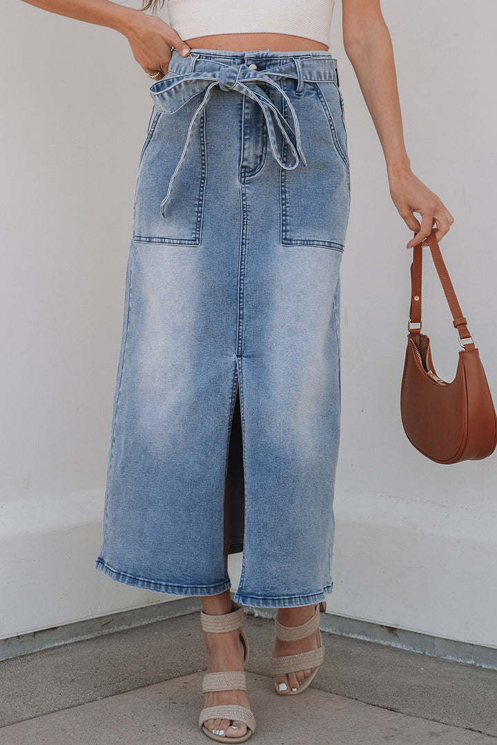 Dusk Blue Light Wash Belted High Waist Midi Denim Skirt