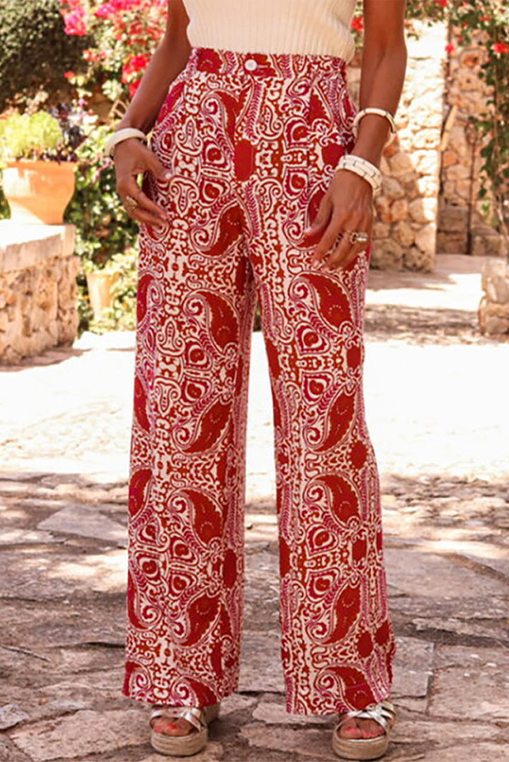 Red Paisley Printed Buttoned High Waist Straight Leg Pants