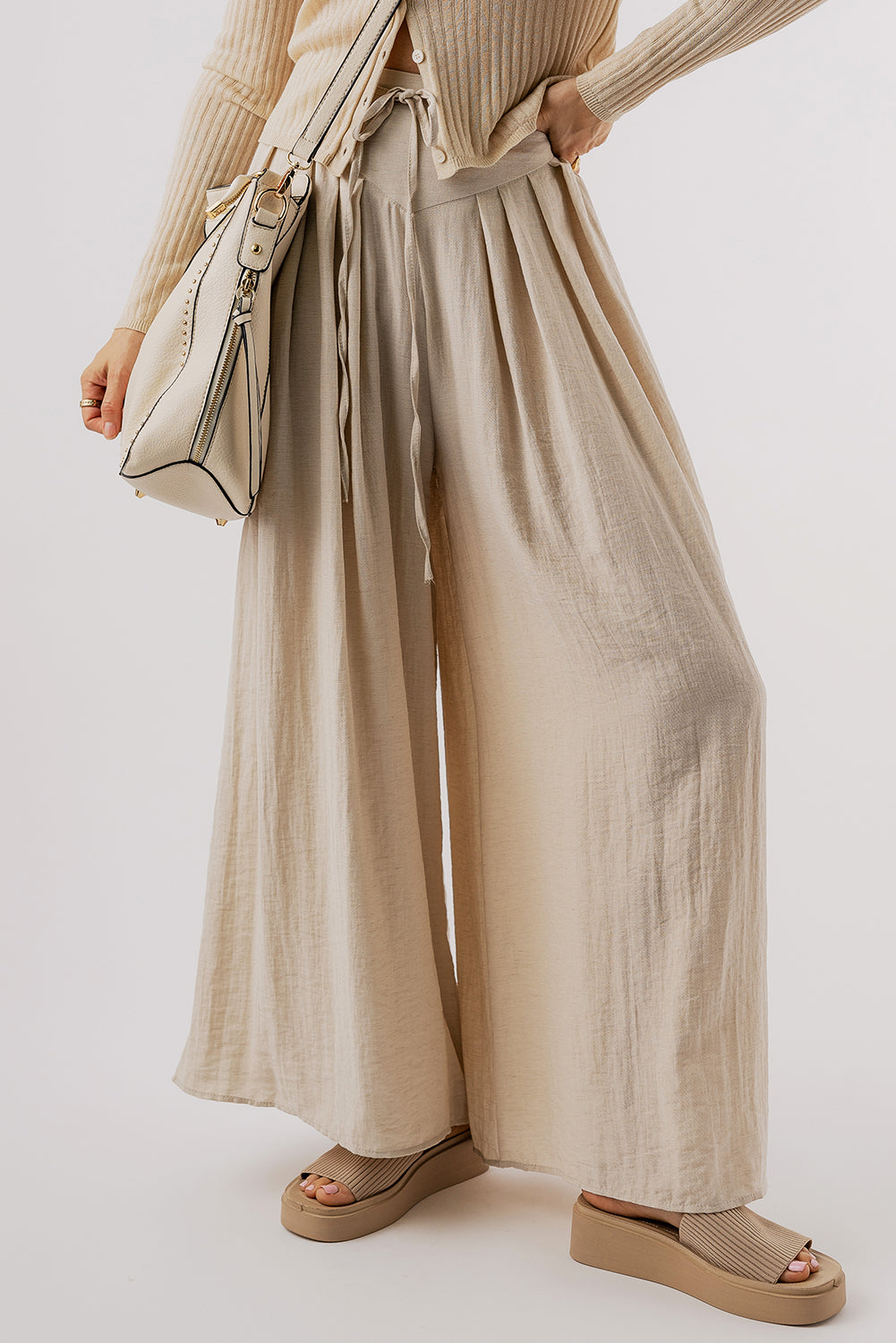 Beige Drawstring Waist Pleated Wide Leg Casual Pants