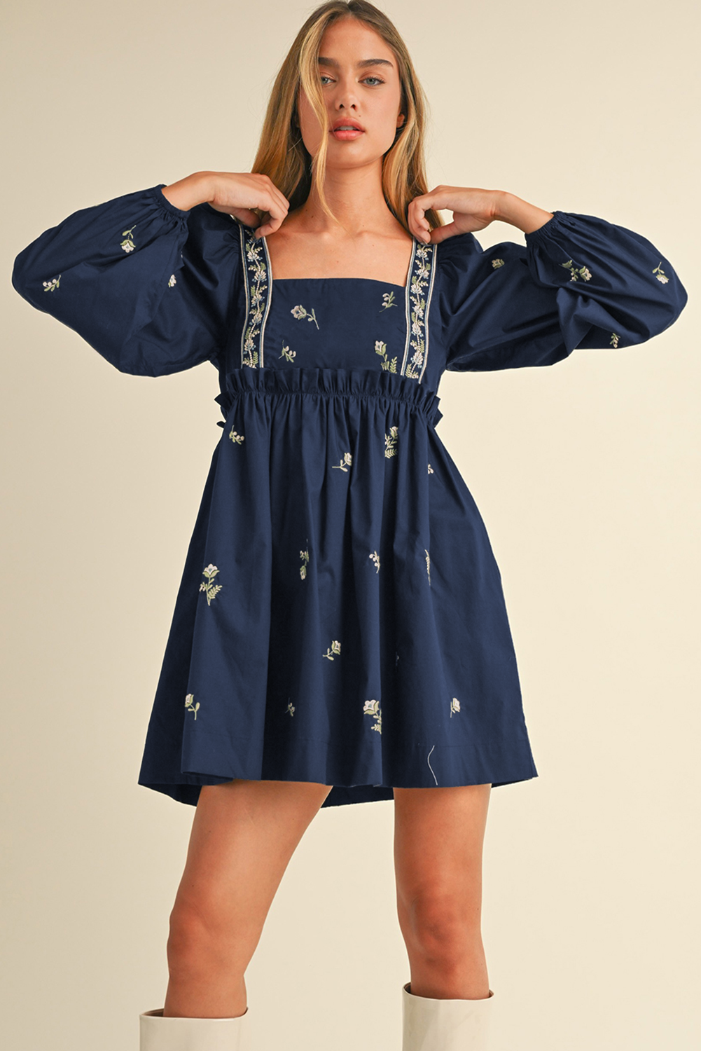 Blue Floral Embroidered Square Neck Puff Sleeve Ruffled Mini Dress