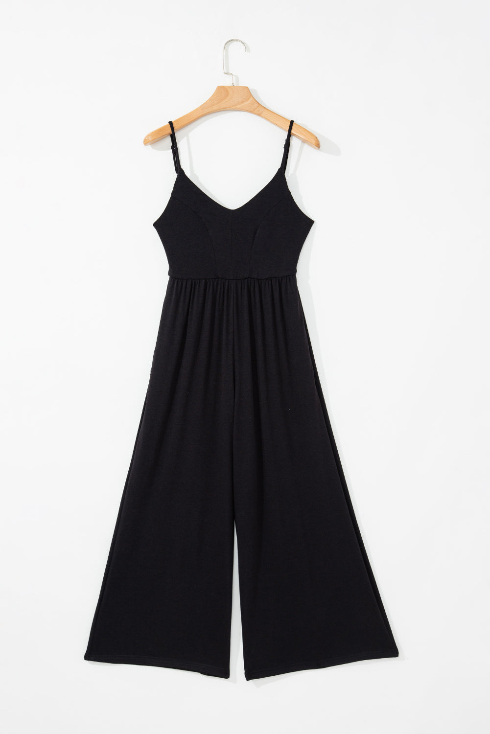 Black Spaghetti Straps Open Back Pleated Wide Leg Jumpsuit