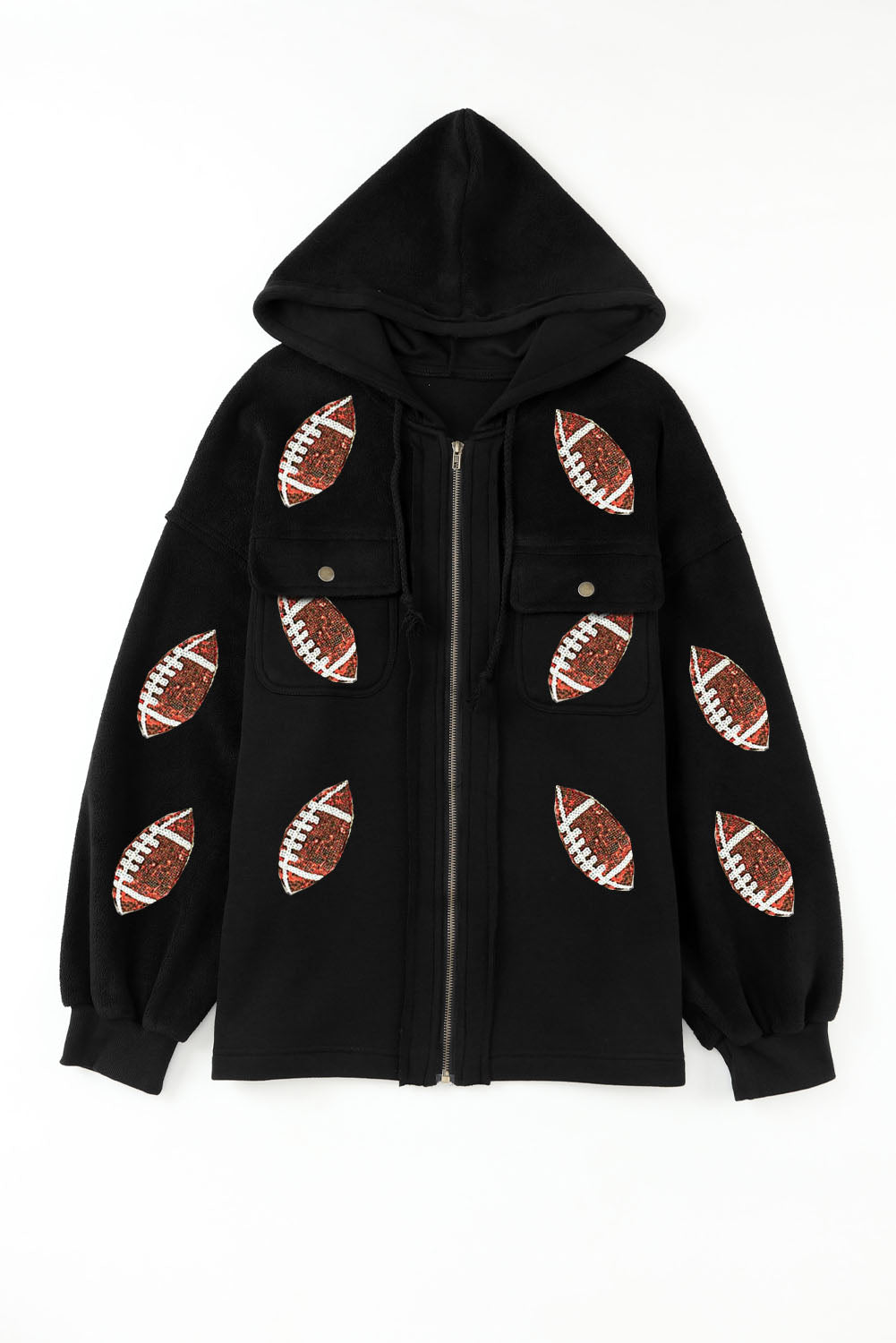 Black Sequined Rugby Football Pattern Pocketed Zipper Hooded Jacket